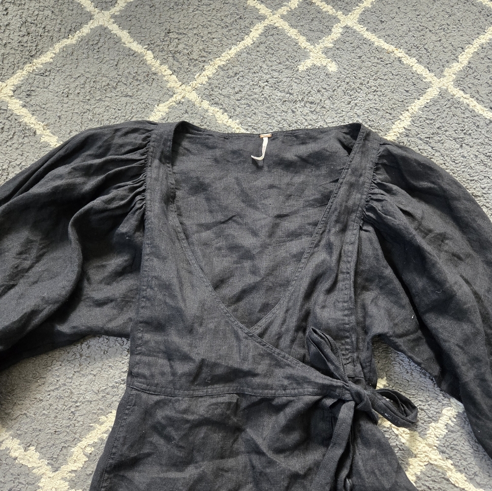 FREE PEOPLE Black Linen Carino Mini Wrap Dress Small Petite - Picture 6 of 14